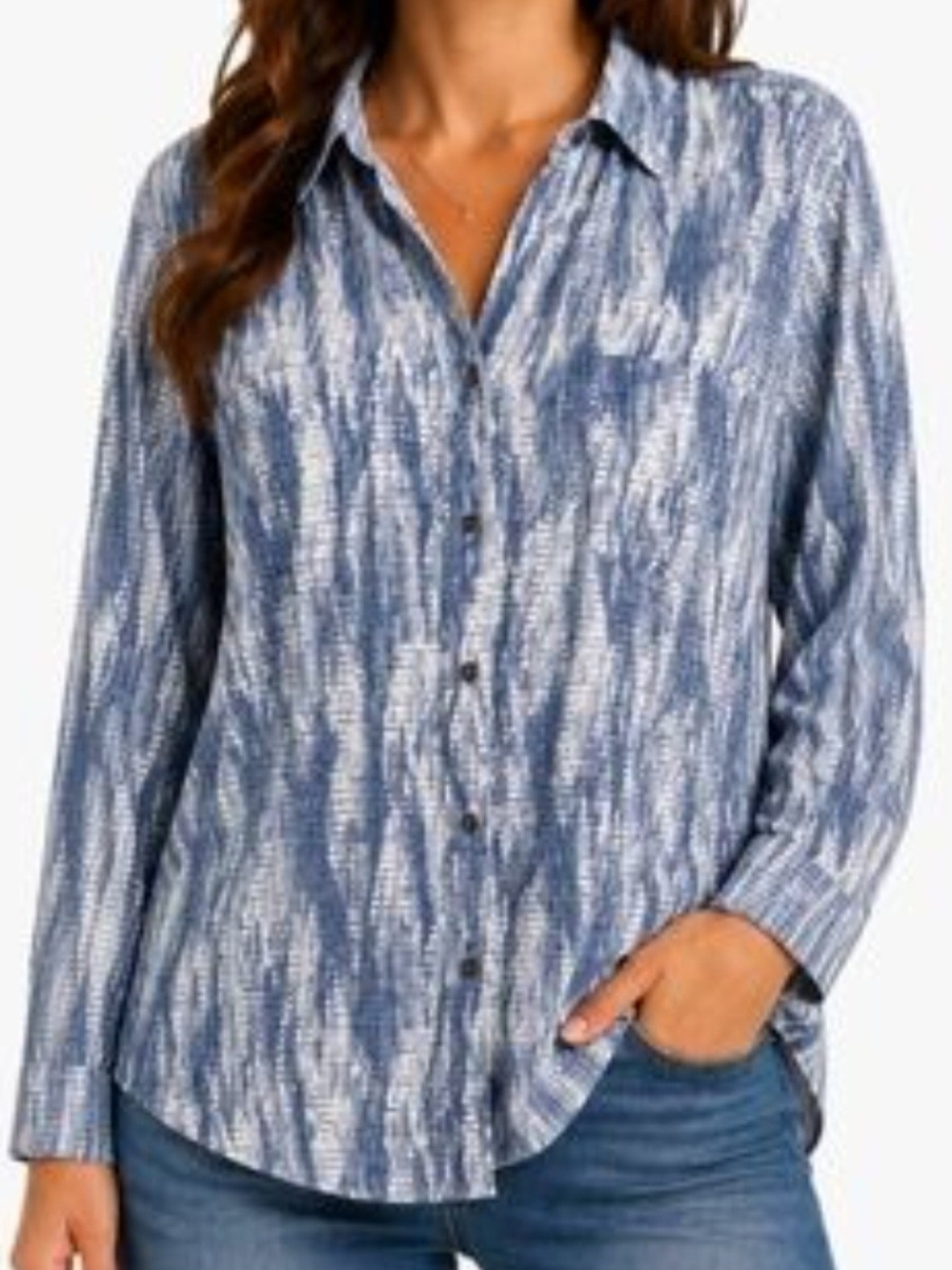 Blue Patterned Button-Up Women’s Top Size L